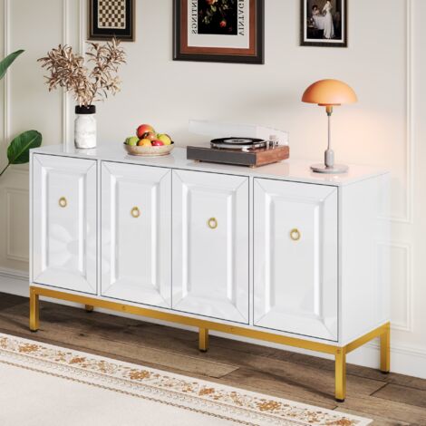 Sideboard mit 4 Türen und Verstellbaren Einlegeböden, Hochglanz, aus MDF und Spanplatte, Weiß, 140×40×80 cm
