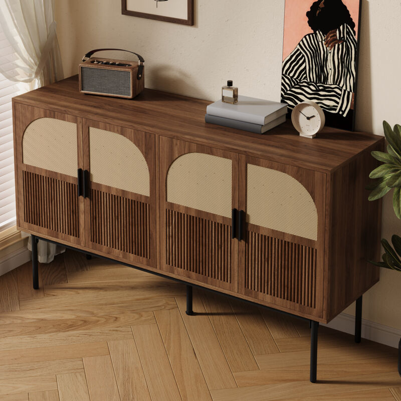 Stilvora Sideboard Mit 4 Türen, Gedämpften Scharnieren Und Stahlrohrbeinen, Retro Modern, Aus Mdf, 140×40×80 Cm, Natur