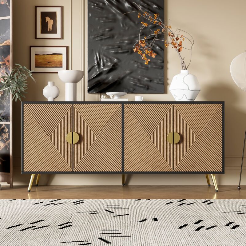 Stilvora Sideboard Mit 4 Türen, Soft-close-scharniere, Gebürstete Goldgriffe, In Mdf Und Spanplatte, 160×40×75 Cm, Schwarz Und Holzoptik