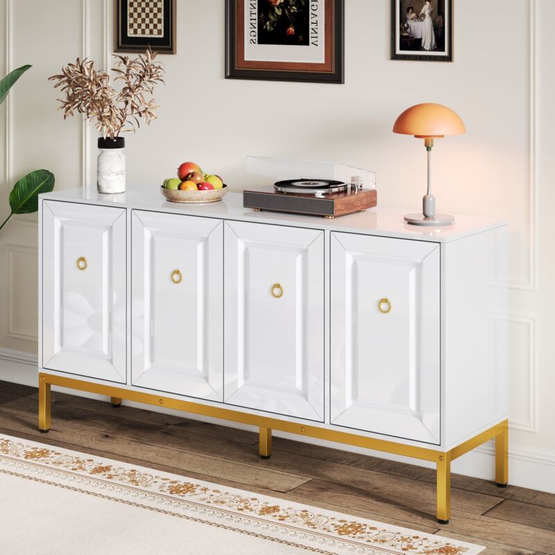 Stilvora Weiß Sideboard Mit 4 Türen Und Verstellbaren Einlegeböden, Hochglanz, Aus Mdf Und Spanplatte, 140×40×80 Cm