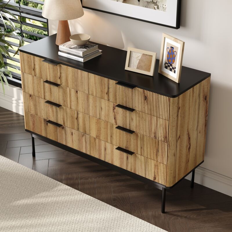 Stilvora Sideboard Mit 5 Schubladen, Vertikalprägung, Schwarzer Oberplatte, Modern Skandi Stil, Aus Mdf, Natur, 120×39, 5×80 Cm