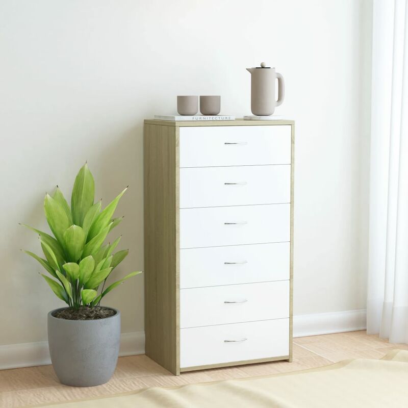 Sideboard mit 6 Schubladen Wei? und Sonoma-Eiche 50×34×96 cm - Mehrfarbig