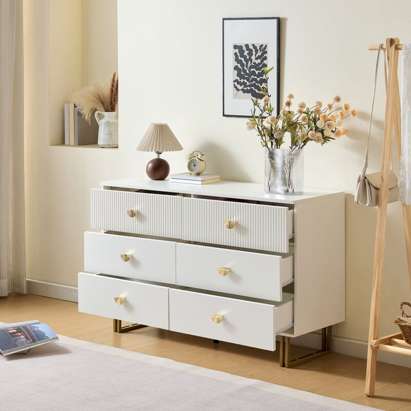 Stilvora Sideboard Mit 6 Schubladen, Zinklegierung-griffen Und Stahlbeinen, Modern, Aus Mdf, Weiß, 120×40×75 Cm