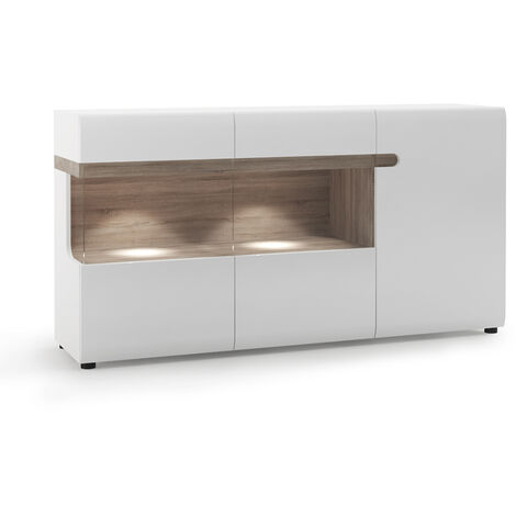 Sideboard mit Glasrahmentüren, 164cm breit, LEGNICA-129 in weiß Hochglanz mit Trüffel Eiche Nb., B/H/T ca. 164/86,5/42 cm