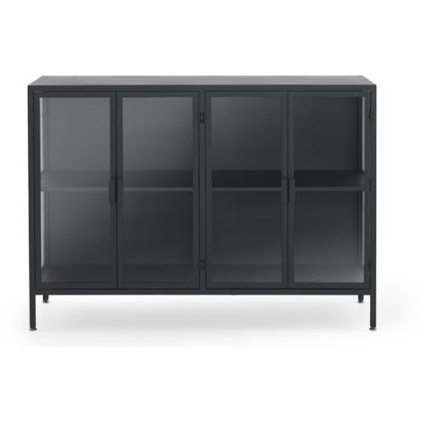 Sideboard mit Glastüren und -seiten, schwarzem Metallrahmen