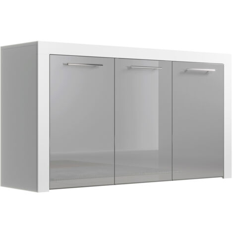 Sideboard mit LED  Küchenschrank  Kommode  Wohnzimmerschrank  3 Türen  Aufbewarungsschrank  Buffet  Esszimmer  144x80x42cm  Modell Nelia  Weiss mit Grau Glanz