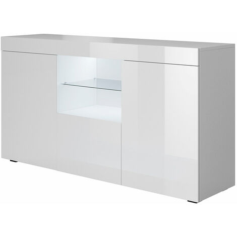 Sideboard mit LED  Küchenschrank  Kommode  Wohnzimmerschrank  Aufbewarungsschrank  Buffet  Esszimmer  135x73x34cm  Modell Sefora  Weiss Glanz