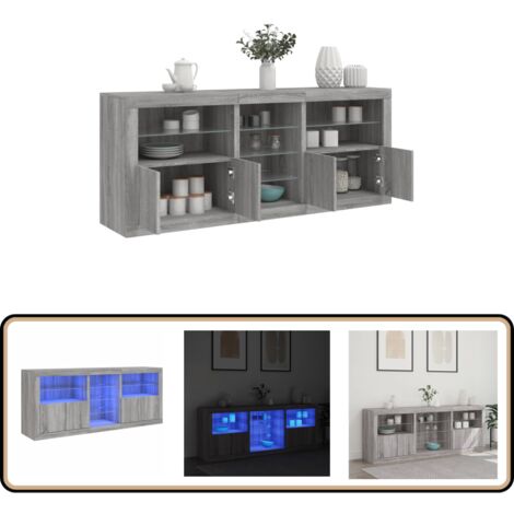 Sideboard mit LED-Leuchten Grau Sonoma 181,5x37x67 cm - Schreibtisch - Wohnzimmermöbel - Sideboard - Regal - TV-Stand