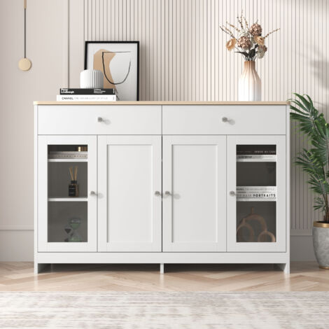Sideboard mit weißer Holzmaserung, vier Türen, mit zwei Schubladen, Glastür. Wohnzimmer, Esszimmer. Holz und weiße Farbe
