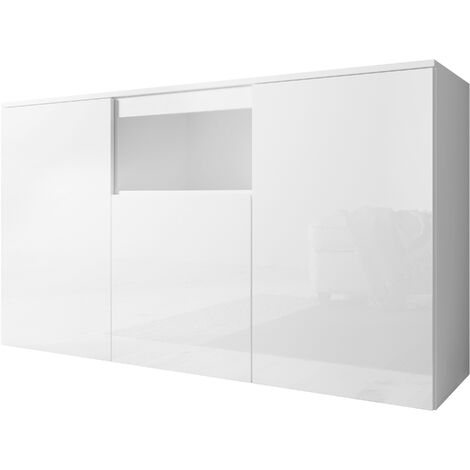 MUEBLES BONITOS Sideboard Modern Küchenschrank Kommode Wohnzimmerschrank 3 Türen Aufbewarungsschrank Buffet Esszimmer 140x80x40cm Modell Nevada Weiss Glanz