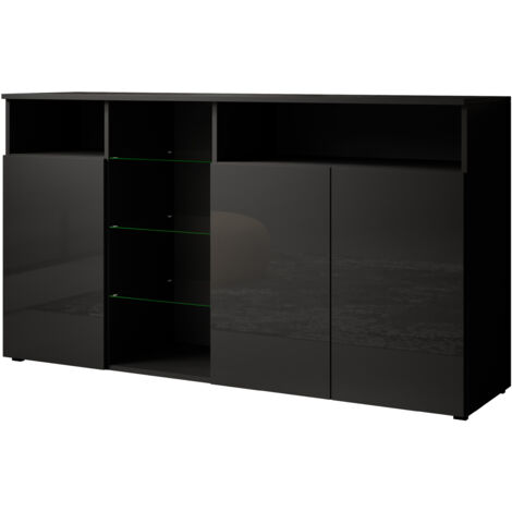 Sideboard Modern mi LED  Küchenschrank  Kommode  Wohnzimmerschrank  3 Türen  Aufbewarungsschrank  Buffet  Esszimmer  150x82x40cm  Modell Clark L   Schwarz Glanz
