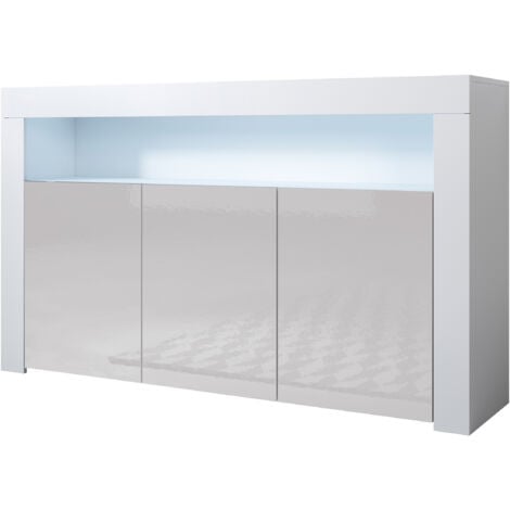 MUEBLES BONITOS Sideboard Modern mi LED Küchenschrank Kommode Wohnzimmerschrank 3 Türen Aufbewarungsschrank Buffet Esszimmer 155x91x37cm Modell Aker Weiss mit Grau Glanz