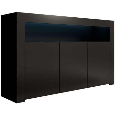 Sideboard Modern mit LED  Küchenschrank  Kommode  Wohnzimmerschrank  3 Türen  Aufbewarungsschrank  Buffet  Esszimmer  155x91x37cm  Modell Aker  Schwarz Matt
