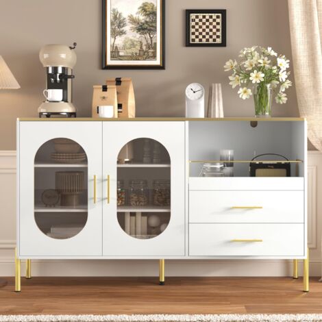 Sideboard Moderne Blanc avec Accents Dorés, 2 Tiroirs et 2 Portes en Verre, Buffet de Rangement pour Salon, Salle à Manger ou Entrée