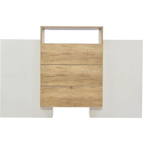 Sideboard, Moderner Kommode, Schrank 140cm, Hochglanz-Weiß und Holzfarbe, Mehrfarbige LED-Lichteffekte. Stilvolle Aufbewahrungslösung (Teilweise glänzende Oberfläche)