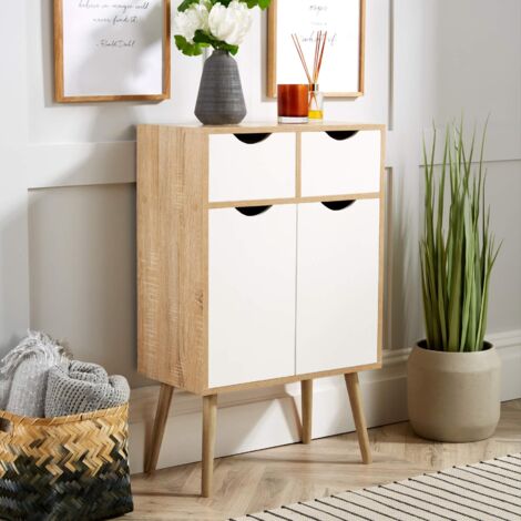 Sideboard Oak White Storage Cabinet 2 Door 2 Drawer Cupboard Solid Wood Legs