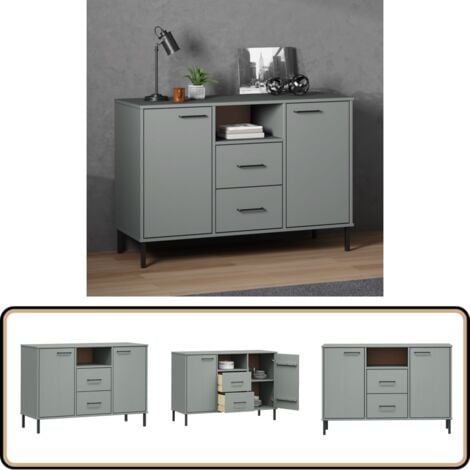 Sideboard OSLO mit Metallbeinen Grau 113x40x77 cm Massivholz - Holz Sideboard - Wohnzimmermöbel - Schreibtisch - Regal - Grau