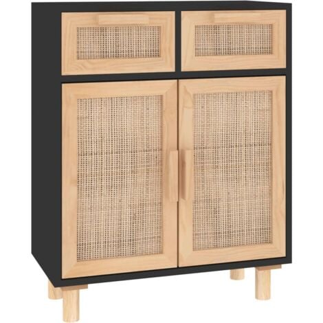 Sideboard Schwarz 60x30x75cm Massivholz Kiefer und Natur-Rattan vidaXL