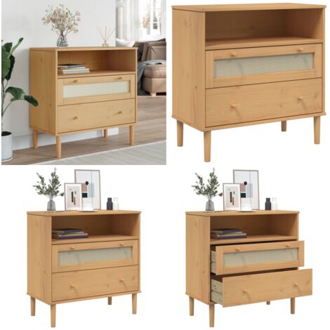 Sideboard SENJA Rattan-Optik Braun 80x40x80 cm Kiefernholz - Holz Sideboard - Wohnzimmermöbel - Kiefernholz Sideboard - Sideboard Braun - Regal Mit Türen - Home & Living