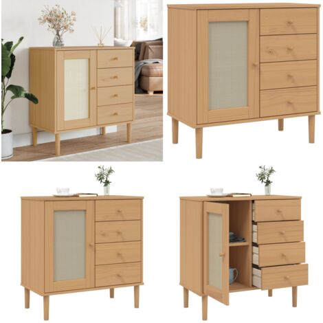 Sideboard SENJA Rattan-Optik Braun 80x40x80 cm Kiefernholz - Schubladenschrank - Wohnzimmermöbel - Sideboard - Regal - Holz Sideboard - Home & Living