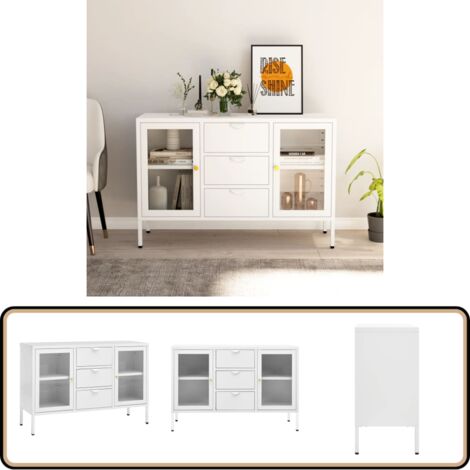 Sideboard Weiß 105x35x70 cm Stahl und Hartglas - Schreibtisch - Wohnzimmermöbel - Sideboard - Regal - Aufbewahrung