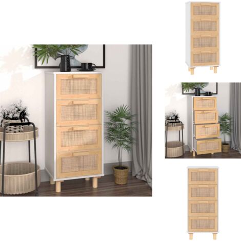 Sideboard Weiß 40x30x90 cm Massivholz Kiefer und Natur-Rattan - Schreibtisch - Sideboard - Wohnzimmermöbel - Holzmöbel - Weißer Schrank