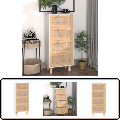 Sideboard Weiß 40x30x90 cm Massivholz Kiefer und Natur-Rattan - Schreibtisch - Sideboard - Wohnzimmermöbel - Holzmöbel - Weißer Schrank