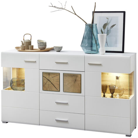 Sideboard weiß Eiche Applikationen FARO-36 mit LED Beleuchtung und Glaseinsätzen,  B/H/T: ca, 170/94/42 cm