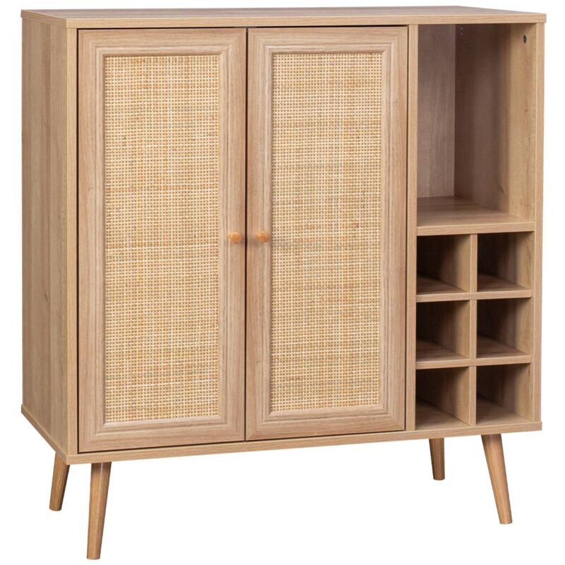 Sweeek Sideboard With Bottle Holder, Wickerwork And Wooden Decor, Boheme, Natural, 83x39x88.5 Cm