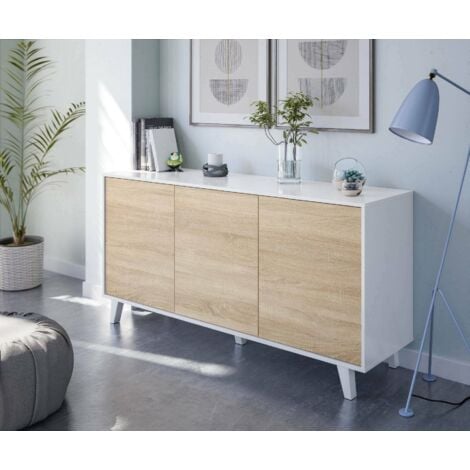 Sideboard with three doors and three shelves, oak and glossy white colour, 154 x 75 x 41 cm.