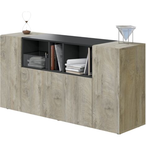 Sideboard Wohnzimmer 150x41x76 cm mit 3 Türen und 3 Fächern Eiche und Anthrazitgrau – Mineo