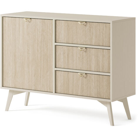Sideboard WOOD - Kommode mit 3 Schubladen - Holzbeinen, Modern Design - Gold Aluminium Griffen - Beige