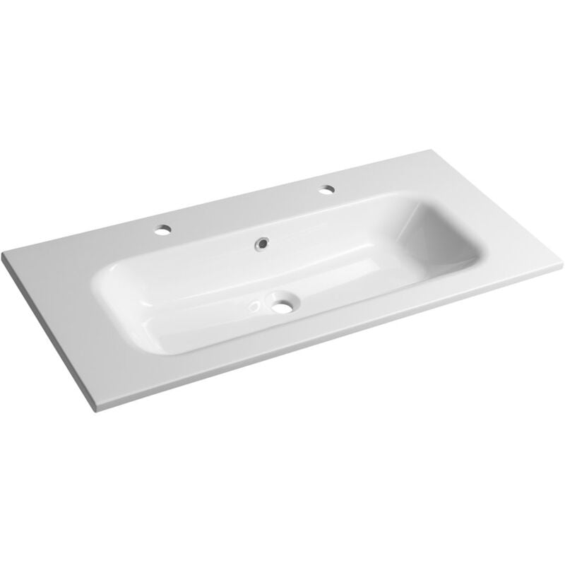 SIDRA Lavabo de marbre cultivé 101x46cm, 2 trous de robinet, blanc
