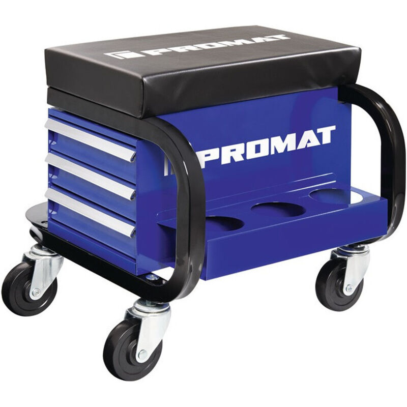 Promat - Siège à roulettes d'atelier avec rouleaux et dépôt rembourrage cuir bleu/noir