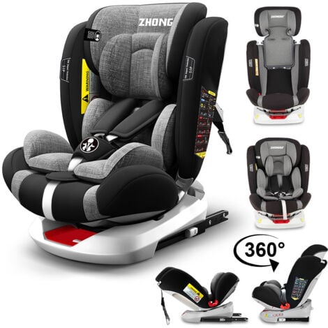 Siège Auto Pivotant 360° ISOFIX LATCH - 40-150 cm de 0 à 12 ans - Groupe 0+/1/2/3 (0-36kg) - Têtière réglable, Inclinable - Gris