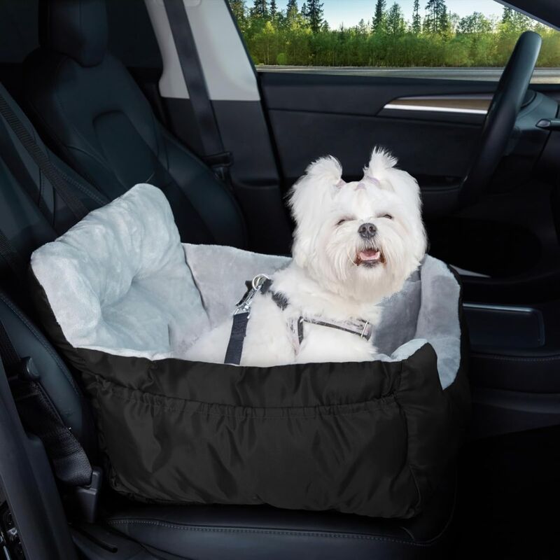 Siège auto pour chien sécurisé avec ceinture renforcée et poche de rangement, imperméable et lavable, adapté aux sièges avant et arrière, Noir