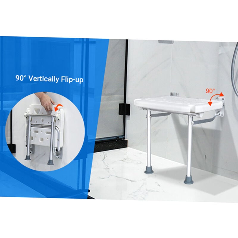 Siège de Douche Pliant et Escamotable - Banc de Douche Murale avec Pieds Anti-Dérapants, Trou de Drainage et Fente pour Pommeau de Douche, pour