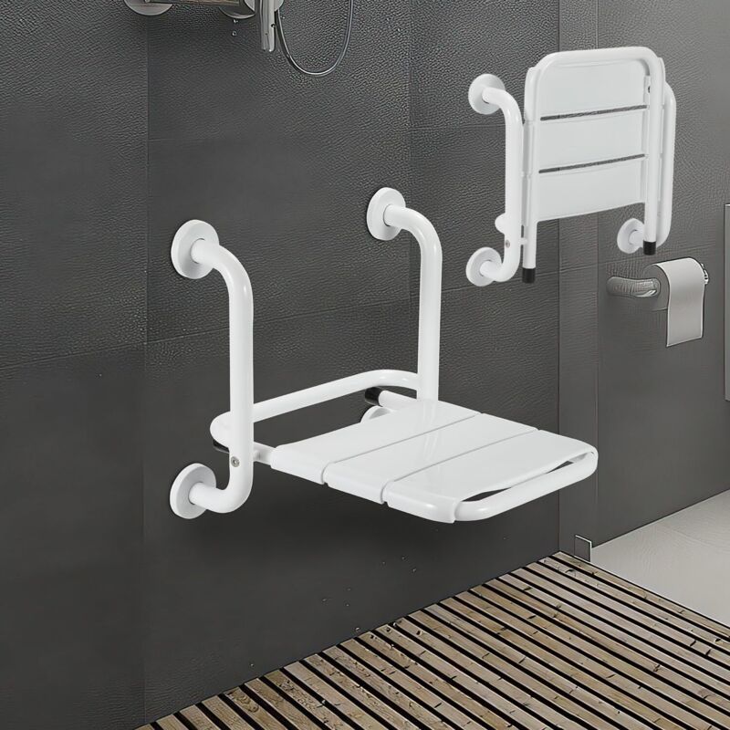 Siège de Douche Pliable Mural avec accoudoirs - 120 kg - Tabouret de Douche Pliable - Chaise de Douche pour Seniors - Blanc - 484244cm
