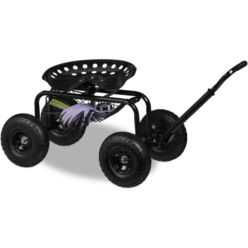Siège roulant de jardin, réglable en hauteur, 150 kg, tabouret jardinage, 4 roues, acier, noir - Relaxdays