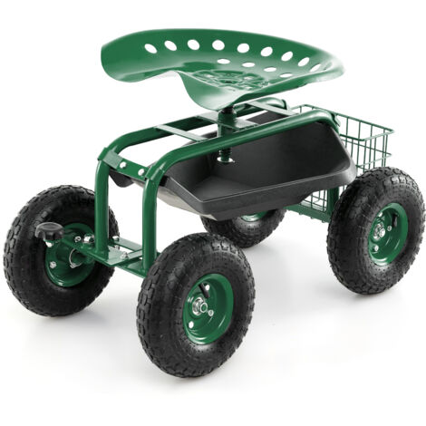 Siège de Jardin Roulant avec Poignée Extensible, Chariot Jardinage avec Siège Rotatif 2 Plateaux à Outils Panier de Rangement 4 Roue,83 x 46 x 46-55cm