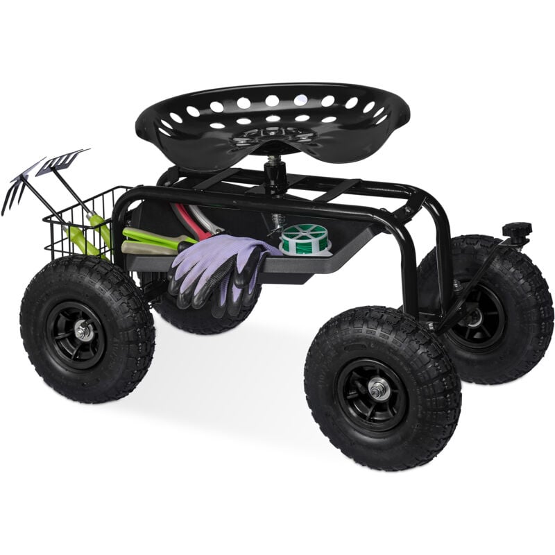 Siège roulant de jardin, réglable en hauteur, 150 kg, accessoire jardinage, 4 roues, noir - Relaxdays