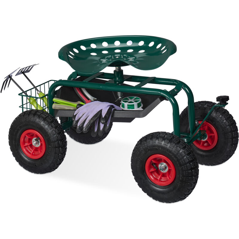 Relaxdays Siège roulant de jardin, réglable en hauteur, 150 kg, accessoire jardinage, 4 roues, vert