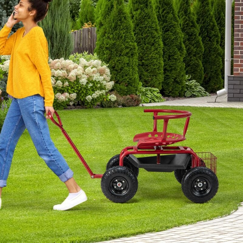 Siège de Jardin Roulant pour Travail avec Poignée Extensible Chariot Jardinage avec Siège Pivotant à 360° Plateau Panier de Rangement Coussin Charge