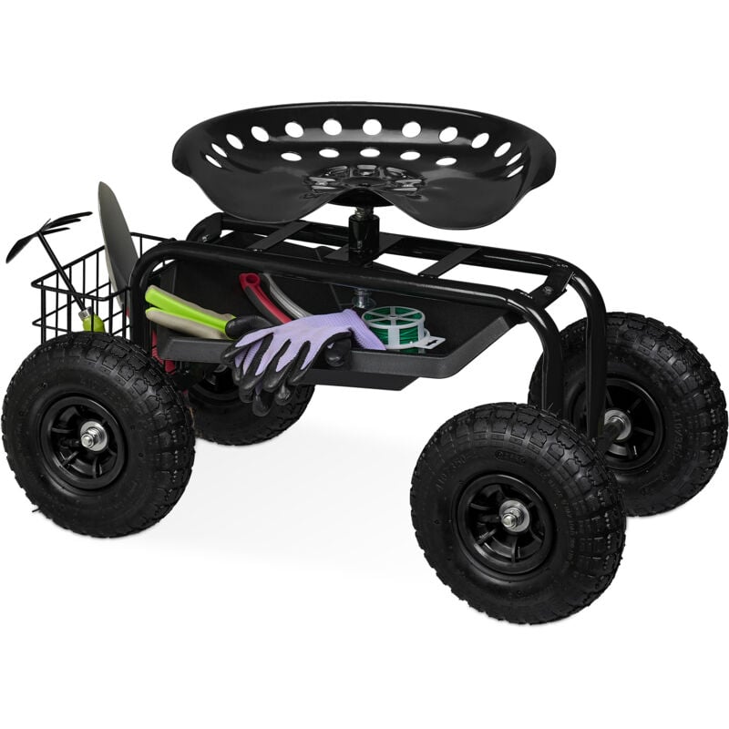 Relaxdays Siège roulant de jardin, hauteur réglable, 150 kg, accessoire jardinage, roues pneumatiques, noir