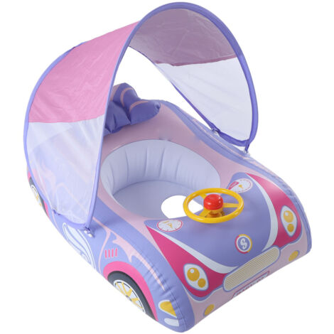 Siège De Piscine Gonflable En Forme De Voiture Pour Enfants Avec Auvent De Protection Solaire Et Klaxon Rose