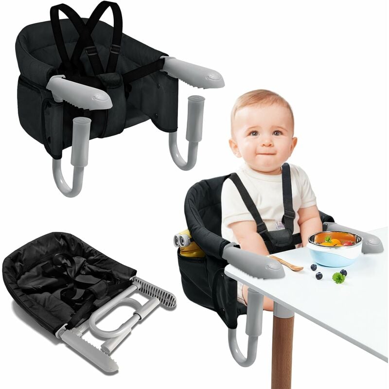 Siège de table bébé noir rehausseur chaise haute enfant pliable avec poignée antidérapante & ceinture de sécurité & sacs de rangement chaise haute