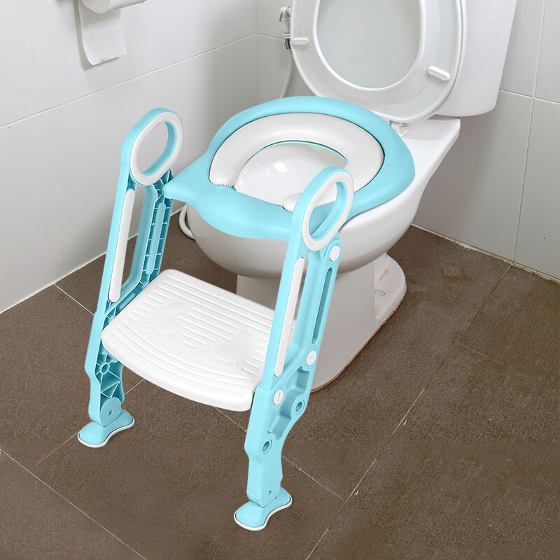 Skecten - Siège de Toilette Enfant Pliable et Réglable, Reducteur de Toilette Bébé avec Marches Larges, Lunette de Toilette... (Blanc+Bleu Clair)