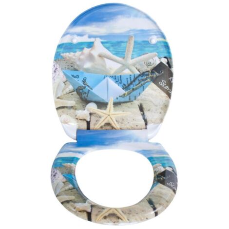 Siège de WC avec abattant standard, système d’abaissement automatique, motif plage, en MDF – lunette et couvercle pour salle de bain