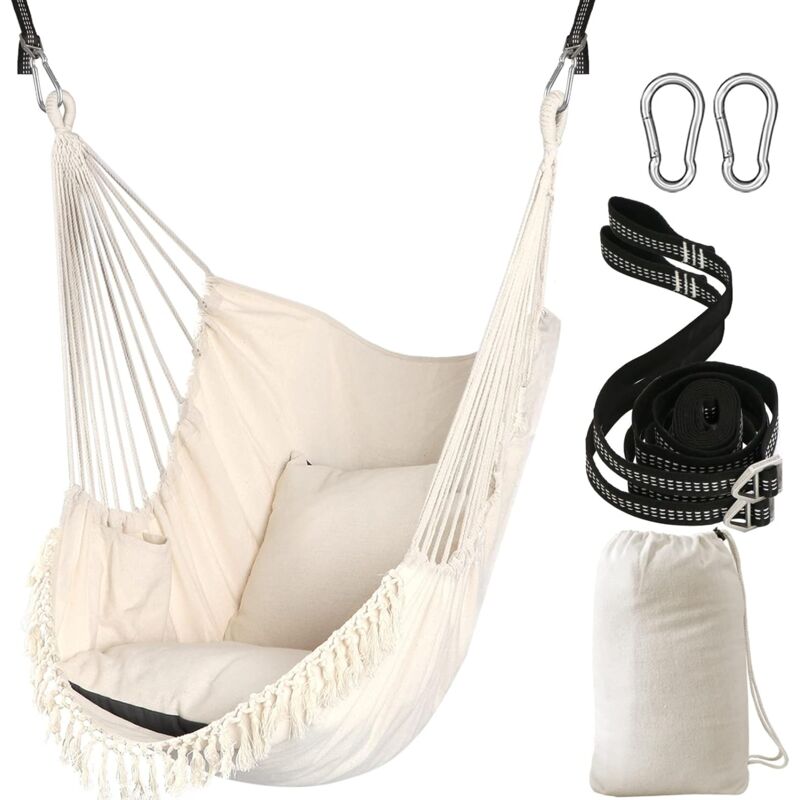 Sièges Suspendus/Chaise Hamac 2 oreillers Inclus,Sangles et Crochets Solides pour Une Suspension Facile en Coton Doux Poche de côté Ensemble de
