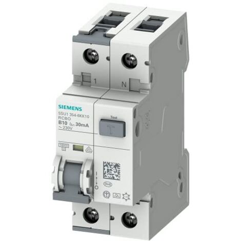 Siemens Interruttore FI/LS, 10 kA, 1P+N, Tipo A, 30 mA, Caratt. B, In: 10 A, Un AC: 230 V, 5SU13546KK10